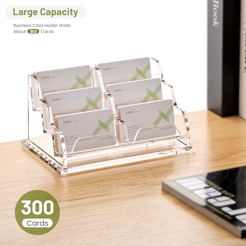 YUXUN Business Card Holder for Desk, Acrylic Business Card Display Stand with 6 Slot, Office Desk Accessories for Man &Woman,300 Cards Capcity, Clear - Image 3