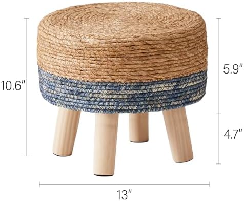 Cpintltr Foot Stool Natural Seagrass Hand Weave Poufs Round Ottoman for Couch Desk Soft Step Stool Padded Foot Rest with Non-Skid Pine Legs for Hallway Office Lounge Natural/Blue - Image 3