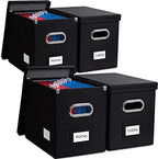 PRANDOM File Organizer Box - Set of 4 Collapsible Decorative Linen Filing Storage Hanging File Folders with Lids Office Cabinet Letter Size Black (14x9.3x10.8 inch) by Prandom