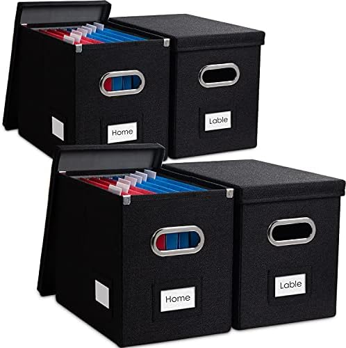 PRANDOM File Organizer Box - Set of 4 Collapsible Decorative Linen Filing Storage Hanging File Folders with Lids Office Cabinet Letter Size Black (14x9.3x10.8 inch) by Prandom
