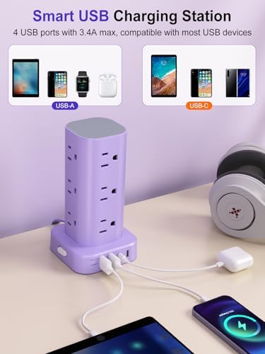 6FT Power Strip Tower Surge Protector, 12 Wide Spaced Outlets, 4 USB - Image 4