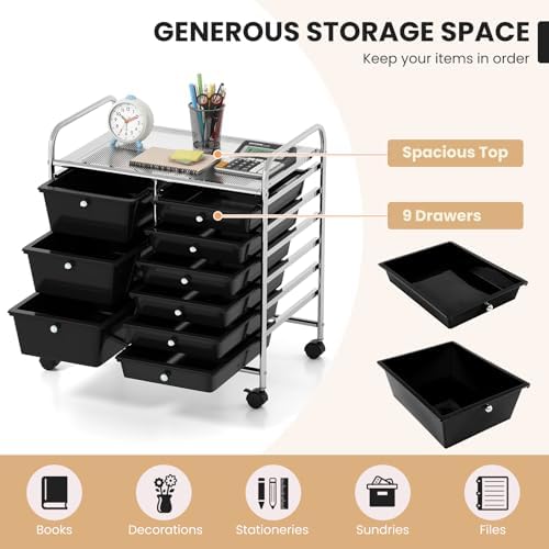 LDAILY 9 Drawer Rolling Storage Cart, Rolling Cart with Drawers for Classroom, Art Supply Craft Organizer on Wheel with Metal Frame & Handles for Home Office School - Image 5