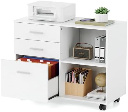 VINGLI 3 Drawer Wood Lateral File Cabinet with Adjustable Shelves & Locking Wheels, Printer Stand with Drawers for Letter Size Files, Sturdy White File Cabinets for Home Office, Study & Business - Image 3