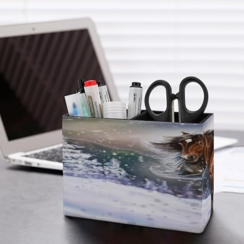 PU Leather Multi-Compartment Pen Holder Desktop Organizer Pencil Cup Storage Caddy for Office Home Supplies Handsome Horse Winter Theme Farm Animal Snowy Mountain Snowflakes Winter Scenery - Image 5