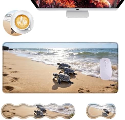 Mouse Pad,Large Desk Mat Set, 4in1 XL Mousepad + Keyboard Wrist Rest+Mouse Wrist Rest+Coaster with Ergonomic Desk Pad for Home Office Table Computer Cover -Beautiful Sea Turtle Beach by Unknown