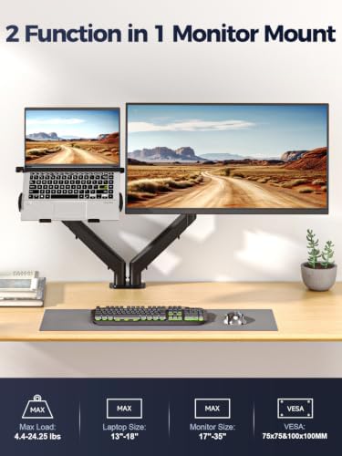 Suptek Monitor Laptop Mount Stand, 2 in 1 Function Dual Monitor Arms Desk Mount for 13"-18" Notebook and 17"-35" Monitor with Laptop Tray,Holds up to 24.25lbs - Image 2