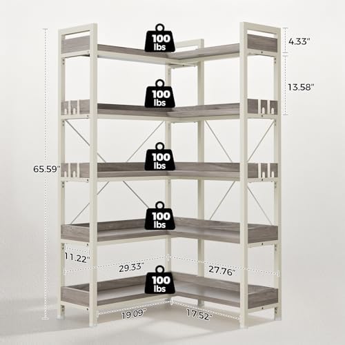 GTPLAYER 5-Tier Corner Bookshelf, L-Shaped Metal Frame Shelf with Tall 14" Shelves, Plant Stand and Storage Rack for Small Spaces, Living Room and Home Office, Gray & White - Image 2