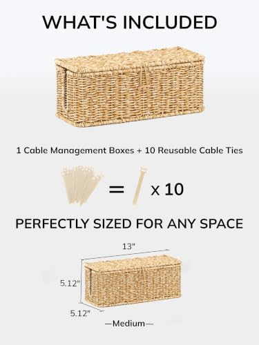 Cable Management Box, Cord Organizer with Lid & Cable Ties - Natural, M - Image 2