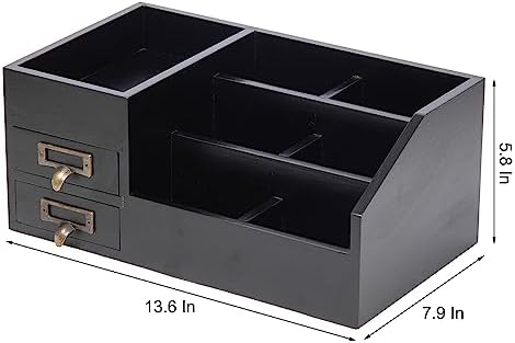 Distressed Rustic Wooden Office Desktop Organizer Wood Shelf Tabletop Home Organizer Storage with Multiple Compartments 2 Tier Drawers,perfect Jewelry storage Display Box for Desk, Vanity (Black) - Image 6