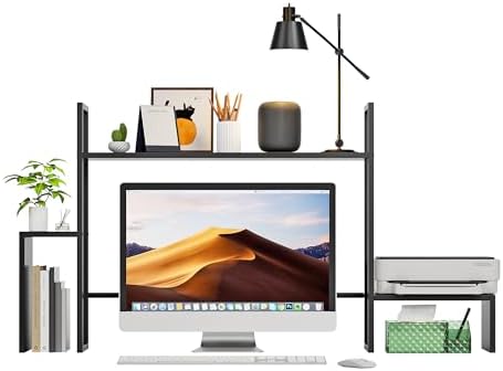 WelFurGeer LED Desk Shelf Organizer with RGB Light Strip, 2-Tier Desktop Shelf for Computer Monitor, Sturdy Metal Frame & Wood Shelves - Desk Hutch Bookshelf for Home Office, Dorm, Gaming (Black) by WelFurGeer