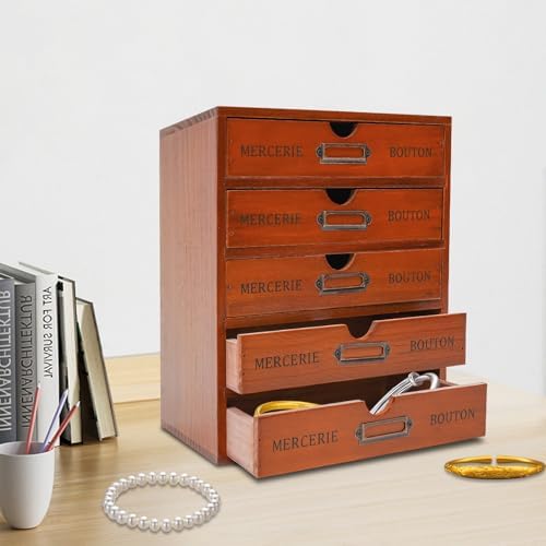 Wooden Desk Organizer Vintage Shelf Desktop Drawer Stackable Storage Box Brown Storage Cabinet Retro Apothecary Art School Office Supplies (5-Drawer Cabinet) - Image 6