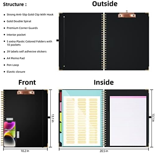 Ospelelf Clipboard with Storage 8.5 X 11，Padfolio Organizer, Spiral Portfolio Letter Size with Notepad, Pen Holder, 5 Extra Folder Divider Pages, Elastic Closure Nurse Office Essentials (Black) - Image 2