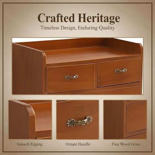 Wooden Desk Organizer with 4 Drawers and Open Shelf, Retro Brown Desktop Organizer 13.4 x 11 x 7.1 in, Compact Wood Storage Cabinet for Home, Office - Image 5