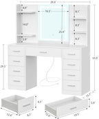 FIONESO Vanity Desk with Mirror and Lights, Makeup Vanity with 9 Drawers & Power Outlet, 5 Hooks & 6 Open Shelves, 3 Lighting Colors & Adjustable Brightness, White Vanity for Girls - Image 7