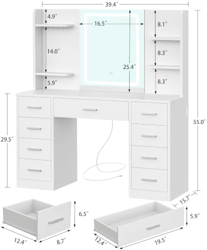 FIONESO Vanity Desk with Mirror and Lights, Makeup Vanity with 9 Drawers & Power Outlet, 5 Hooks & 6 Open Shelves, 3 Lighting Colors & Adjustable Brightness, White Vanity for Girls - Image 7