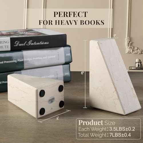 Koville Marble Bookends for Shelves, Large Bookends for Heavy Books, Non-Slip Heavy Duty Book Stopper for CD/Movies, Aesthetic Decorative Bookends for Shelves Table Home Decor(Beige) - Image 2