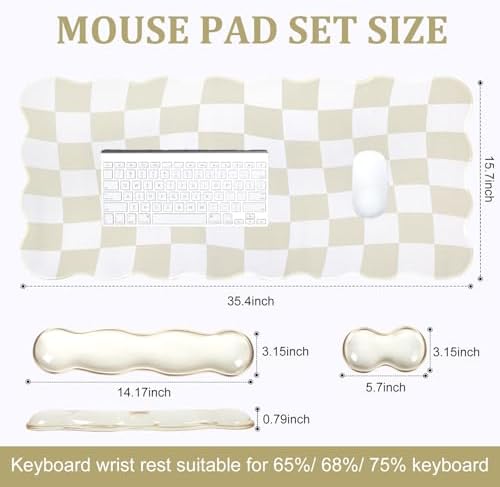 L-SPOUTTO Beige Checkered Mouse Pad Set,Scalloped XXL Desk Mat Set - Image 5