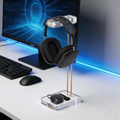 GEEKRIA Headphone Stand for Desk, Clear Acrylic Headset Stand with Gold Metal Accent, Gaming Headphone Holder, Universal Desktop Display Stand for Over-Ear Headphones - Image 6