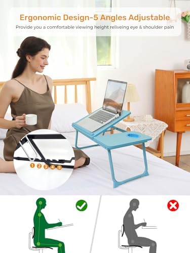 Lap Desk for Couch/Sofa/Floor, 5-Angle Adjustable Bed Desk with Foldable Legs &Cup Holder, Light Weight Bed Tray Table for Writing/Eating/Reading, Portable Laptop Stand for Adults, Kids - Image 2