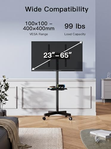 PERLESMITH Rolling TV Stand on Wheels for 23-65 Inch TVs,Tilt Mobile TV Cart Holds up to 99 lbs with Adjustable Height Shelf, Outdoor TV Stand for Bedroom Max VESA 400x400mm PSTVMC04 (Pack of 2) - Image 2