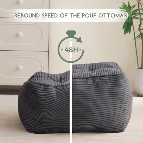HIGOGOGO Square Stuffed Pouf Ottoman, Corduroy Poufs with Foam Chunk Filling, Furry and Fluffy Pouf Foot Stool Storage Ottoman, 25.6 X 25.6 Floor Poufs Foot Rest for Living Room, Dark Grey - Image 4