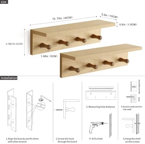 Entrance Coat Rack ，Coat Hooks, Wall-Mounted Wooden Hook Rack, Wall-Mounted Shelves(Oak Color Finish—A-2) - Image 5