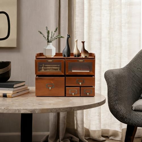 Wooden Desk Drawer Organizer Vintage Tabletop Storage Cabinet Box, 6-drawer - Image 2
