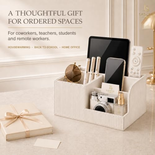 Pen Holder for Desk, 4-Compartment PU Leather Desk Organizer, Cream - Image 2