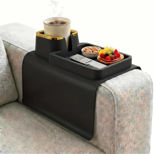 Luxury Gold Trim Couch Cup Holder Tray - Weighted Anti-Spill Midnight Black Silicone Sofa Armrest Organizer, Non-Slip Recliner Tray Table for Drinks, Remote, Phone - Fits Most Couch Arms by Unknown