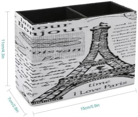 PU Leather Multi-Compartment Pen Holder Desktop Organizer Pencil Cup Storage Caddy for Office Home Supplies Hand Drawn Vintage Paris Eiffel Tower - Image 2