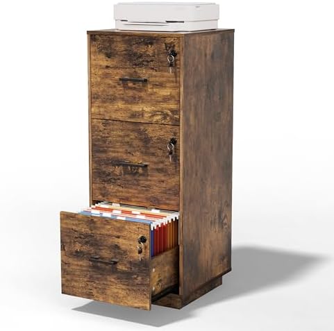 VINGLI 3 Drawer File Cabinet with Lock, Home Office Filing Organizer, for Letter Size File Folder Storage, Wood Tall Vertical Filing Cabinet, Printer Stand, Archivador (Rustic Brown) by VINGLI