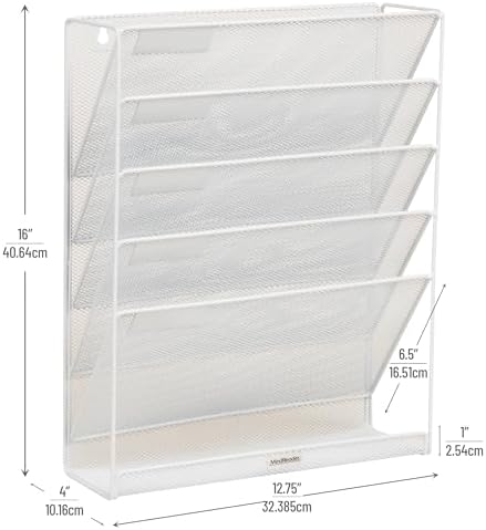 Mind Reader 5-Pocket Vertical File Storage, Desktop Organizer, Wall Mount, Office, Metal Mesh,White - Image 3