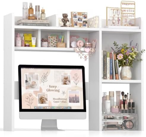 NUTIKAS Desk Hutch White Desktop Bookshelf Shelf - 37 Inch Computer Desk Organizer for Dorm Room, Wood Storage Rack for Home Office Desktop Display Shelves, Small Bookcase for Top of Desk by NUTIKAS