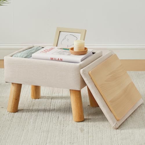 Storage Ottoman, Small Foot Stool Ottoman with Storage, Linen Foot Rest with Wood Legs, Footstool for Living Room, Bedroom, Entryway, Beige by FIMIVIBI