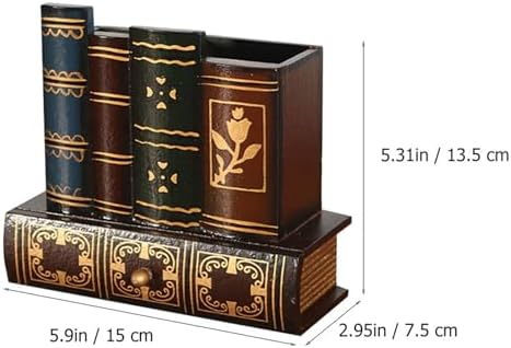 NUOBESTY Retro Pen Cup Holder Book Style Wooden Pencil Organizer Desktop Remote Pen Compartment Stand Home School Office Faux Book Pencil Caddy - Image 2
