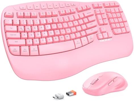 MEETION Wave Ergonomic Keyboard and Mouse Combo with Wrist Rest, Pink by MEETION