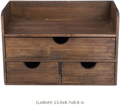 Wooden Desk Organizer with Drawers, Wood Makeup Organizer and Mail Rack for Desktop, 3-Tier Vintage Storage Caddy with Top Shelf for Office Supplies, Vanity, Bedroom, No Assembly, 13 x 6.7 x 8.6 in - Image 5