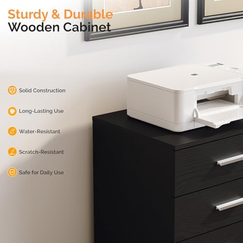VINGLI 3 Drawer Wood Lateral File Cabinet with Adjustable Shelves & Locking Wheels, Printer Stand with Drawers for Letter Size Files, Sturdy Black File Cabinets for Home Office, Study & Business - Image 6