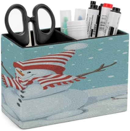 PU Leather Multi-Compartment Pen Holder Desktop Organizer Pencil Cup Storage Caddy for Office Home Supplies Winter Time Snow Silhouette with Bird Branches Happy Christmas by Unknown