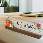 Artblox Personalized Office Desk Name Plate and Business Card Holder | Clear Acrylic Glass with Teak Wood Stand |Mixed Flowers Design Customized with Your Name and Credentials Office Desk Décor - Image 2