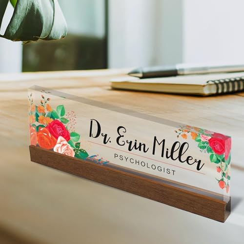 Artblox Personalized Office Desk Name Plate and Business Card Holder | Clear Acrylic Glass with Teak Wood Stand |Mixed Flowers Design Customized with Your Name and Credentials Office Desk Décor - Image 2
