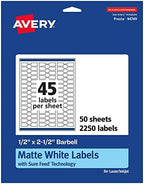 Avery® Matte White Barbell Labels, Sure Feed® Technology, 0.5" x 2.5", 2,250 White Labels, Permanent Adhesive, Laser/Inkjet Printable by Avery