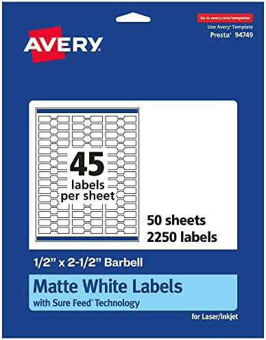 Avery® Matte White Barbell Labels, Sure Feed® Technology, 0.5" x 2.5", 2,250 White Labels, Permanent Adhesive, Laser/Inkjet Printable by Avery