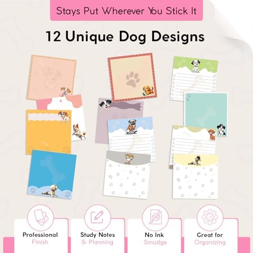 12 Pack Accordion Style Sticky Notes with Dog Holder | 3" x 3" Dog Post It Notes for School (50 Sheets Each) | Resin Made Cute Memo Pad Note Holder (12 Pack Sticky Notes with Holder) - Image 3