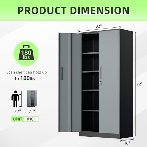 INTERGREAT Metal Storage Cabinet, 72" Locking Steel Cabinets with 2 Door and 4 Adjustable Shelves, Tall Metal Cabinet for Home Office, Garage, Warehouse,(Black+Grey) - Image 3