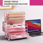 MINDEPOT 4-Tier Paper Organizer + 3-Pocket File Holder + Drawer + Pen Holders, Desktop File Organizers Paper Tray for Office Supplies School Classroom Organization (Pink, with Drawer & Pen Holder) - Image 4