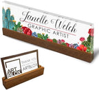 Artblox Personalized Office Desk Name Plate and Business Card Holder | Clear Acrylic Glass with Teak Wood Stand | Cactus Flowers Design Customized with Your Name and Credentials Office Desk Décor by Artblox