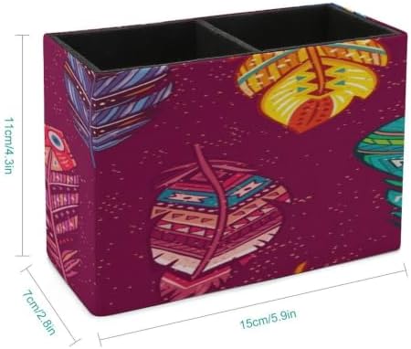 PU Leather Multi-Compartment Pen Holder Desktop Organizer Pencil Cup Storage Caddy for Office Home Supplies Bohemian Style Ethnic Feathers Background - Image 2
