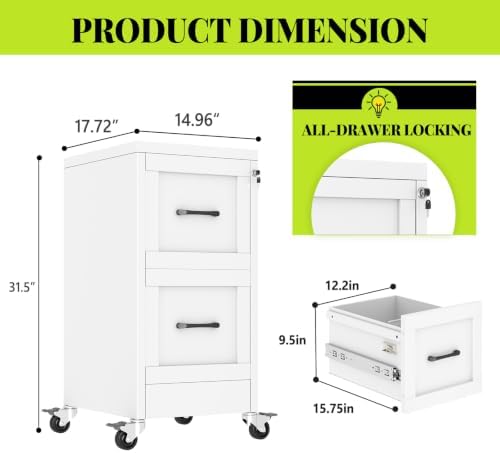 2-Drawer Rolling Metal File Cabinet with Lock, Narrow, White - Image 2