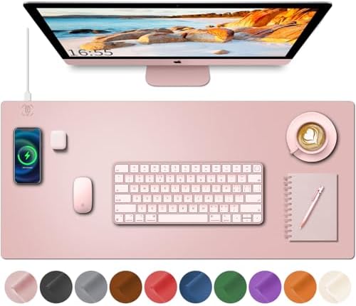 Desk Mat with Wireless Charging, Pink Mouse Pad with Wireless Charger, Desk Pad Matt for Desktop, Mousepad Gaming Large Mouse Pad, Leather Compute for Keyboard and Mouse, 32" x 16" by HopeLum